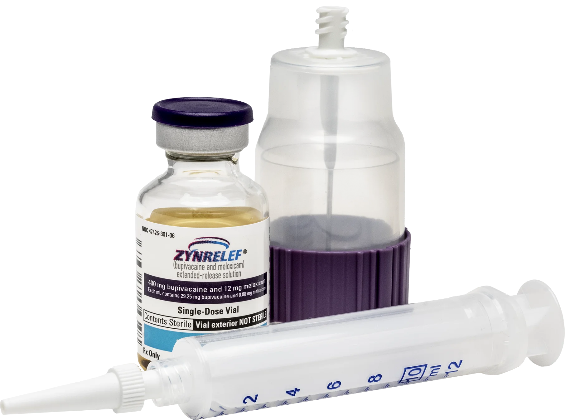 ZYNRELEF vial, applicator, and syringe — bupivacaine and meloxicam extended-release solution